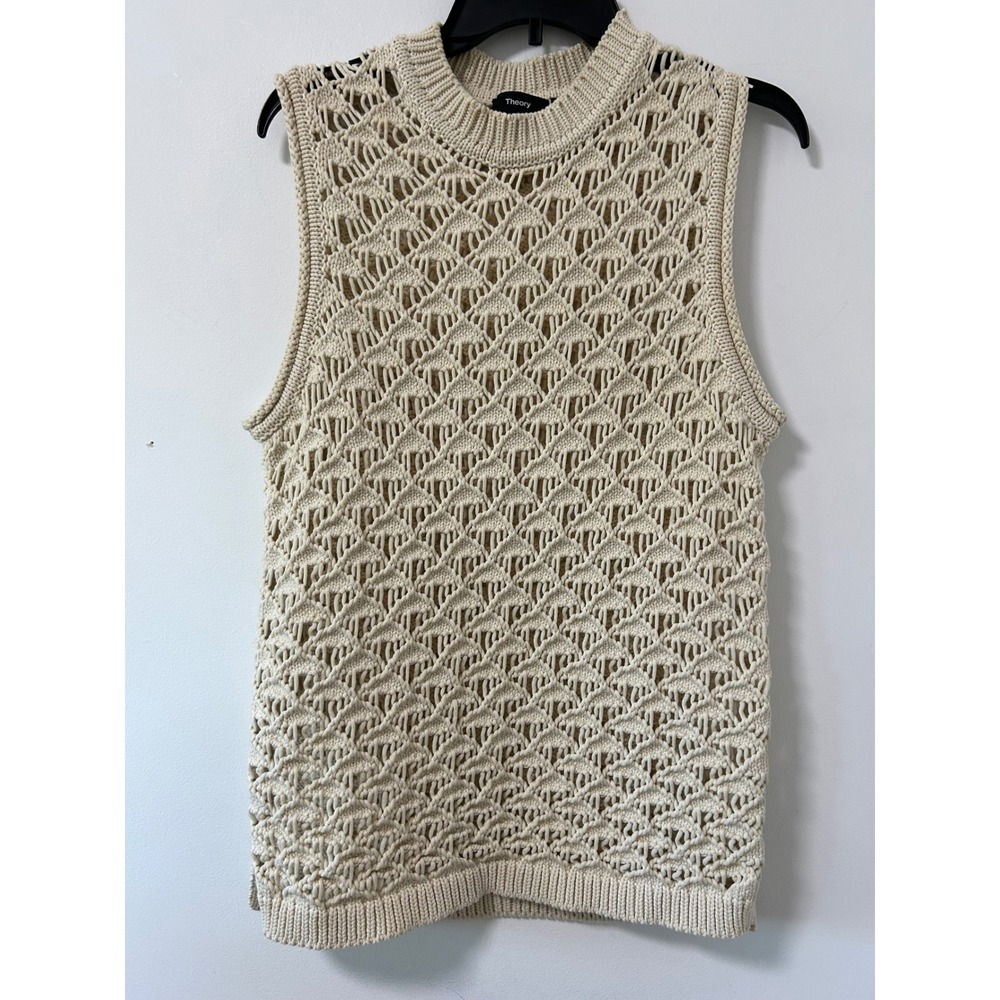 Theory Sleeveless Crochet Open Knit Shell Women Size S Cream Coastal Grandmother